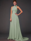 Vestido de dama de honor largo de gasa, corte A/princesa, sin mangas, con cuello halter y flores hechas a mano, vestido de noche