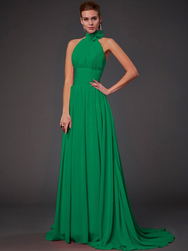 Vestido de dama de honor largo de gasa, corte A/princesa, sin mangas, con cuello halter y flores hechas a mano, vestido de noche