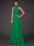 Vestido de dama de honor largo de gasa, corte A/princesa, sin mangas, con cuello halter y flores hechas a mano, vestido de noche