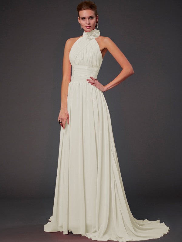 Vestido de dama de honor largo de gasa, corte A/princesa, sin mangas, con cuello halter y flores hechas a mano, vestido de noche