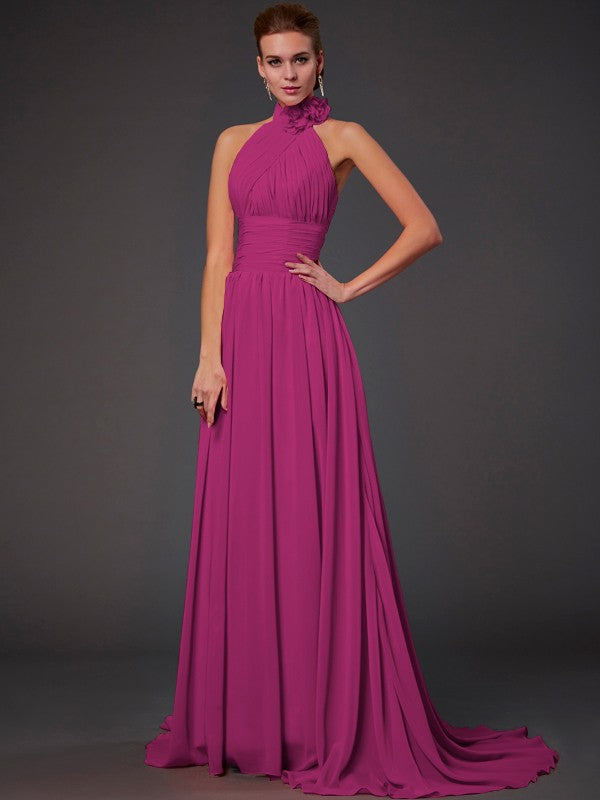 Vestido de dama de honor largo de gasa, corte A/princesa, sin mangas, con cuello halter y flores hechas a mano, vestido de noche