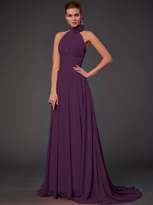Vestido de dama de honor largo de gasa, corte A/princesa, sin mangas, con cuello halter y flores hechas a mano, vestido de noche
