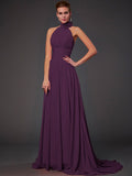 Vestido de dama de honor largo de gasa, corte A/princesa, sin mangas, con cuello halter y flores hechas a mano, vestido de noche