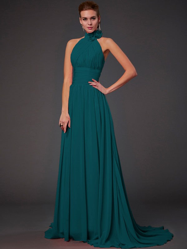 Vestido de dama de honor largo de gasa, corte A/princesa, sin mangas, con cuello halter y flores hechas a mano, vestido de noche