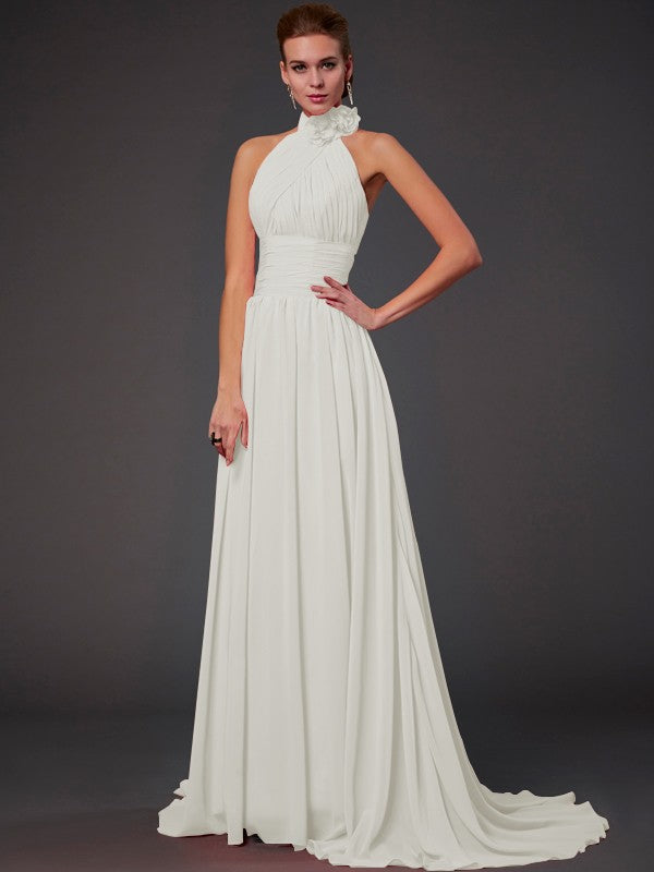 Vestido de dama de honor largo de gasa, corte A/princesa, sin mangas, con cuello halter y flores hechas a mano, vestido de noche