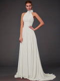 Vestido de dama de honor largo de gasa, corte A/princesa, sin mangas, con cuello halter y flores hechas a mano, vestido de noche
