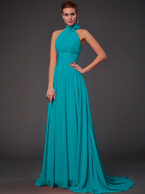 Vestido de dama de honor largo de gasa, corte A/princesa, sin mangas, con cuello halter y flores hechas a mano, vestido de noche