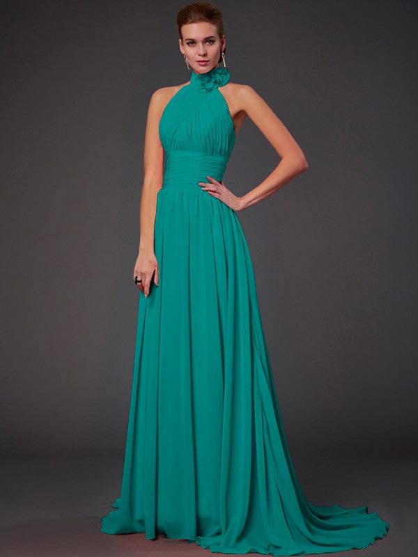 Vestido de dama de honor largo de gasa, corte A/princesa, sin mangas, con cuello halter y flores hechas a mano, vestido de noche