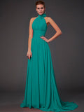 Vestido de dama de honor largo de gasa, corte A/princesa, sin mangas, con cuello halter y flores hechas a mano, vestido de noche