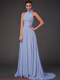 Vestido de dama de honor largo de gasa, corte A/princesa, sin mangas, con cuello halter y flores hechas a mano, vestido de noche
