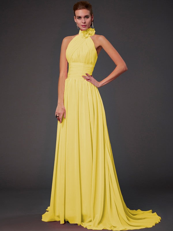 Vestido de dama de honor largo de gasa, corte A/princesa, sin mangas, con cuello halter y flores hechas a mano, vestido de noche