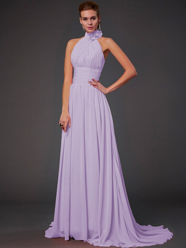 Vestido de dama de honor largo de gasa, corte A/princesa, sin mangas, con cuello halter y flores hechas a mano, vestido de noche