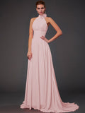 Vestido de dama de honor largo de gasa, corte A/princesa, sin mangas, con cuello halter y flores hechas a mano, vestido de noche
