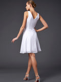Vestido de dama de honor de gasa, corte A/princesa, escote en V, sin mangas, plisado, corto, para invitada de boda