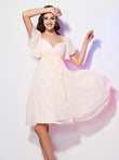 Sheath/Column Sweetheart Short Sleeves Ruffles Short Chiffon Bridesmaid Dresses Wedding Guest Dress