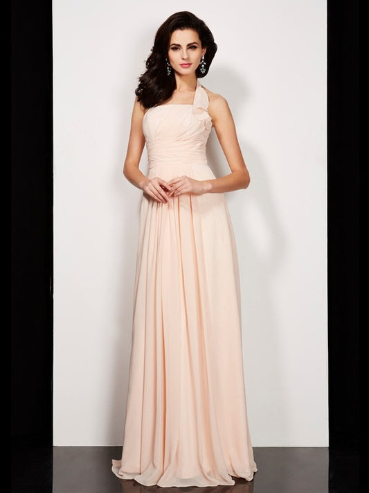 Vestido de noche de graduación de gasa largo con pliegues, sin mangas, estilo princesa/halter