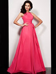 Vestido largo de gasa de corte A/princesa, cuello alto, sin mangas, con faja/cinta/cinturón, para fiesta de noche
