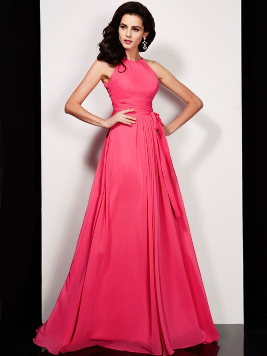 Vestido largo de gasa de corte A/princesa, cuello alto, sin mangas, con faja/cinta/cinturón, para fiesta de noche