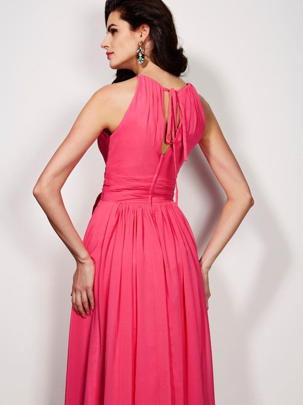 Vestido largo de gasa de corte A/princesa, cuello alto, sin mangas, con faja/cinta/cinturón, para fiesta de noche