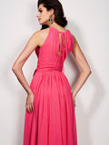 Vestido largo de gasa de corte A/princesa, cuello alto, sin mangas, con faja/cinta/cinturón, para fiesta de noche