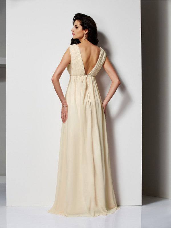 Vestido de noche de graduación de gasa largo con pliegues, sin mangas, escote en V y corte A/princesa