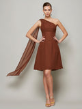 A-Line/Princess One-Shoulder Sleeveless Pleats Short Chiffon Bridesmaid Dresses Prom Dress
