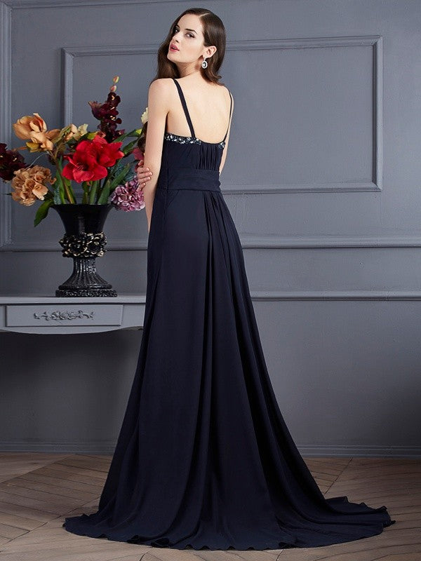 Vestido de noche de graduación de gasa largo con tirantes finos, sin mangas y con abalorios, corte A/princesa