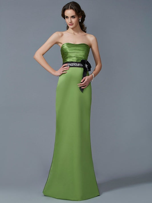 Sheath/Column Strapless Sleeveless Sash/Ribbon/Belt Long Satin Bridesmaid Dresses Evening Prom Dress