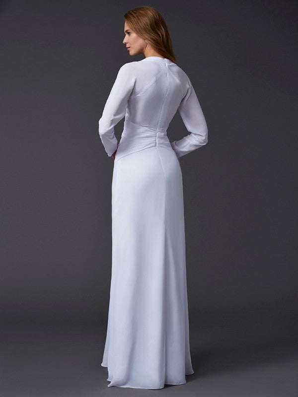 Vestido de noche para madre de la novia, de gasa, fruncido, con escote en V y mangas largas.
