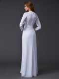 Vestido de noche para madre de la novia, de gasa, fruncido, con escote en V y mangas largas.