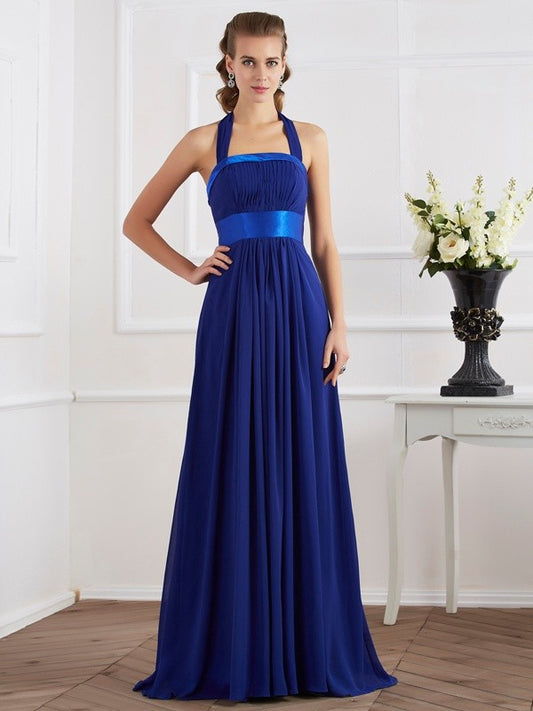 Vestido de noche de graduación de gasa largo fruncido sin mangas con cuello halter y corte A/princesa