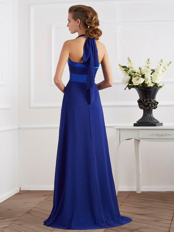 Vestido de noche de graduación de gasa largo fruncido sin mangas con cuello halter y corte A/princesa
