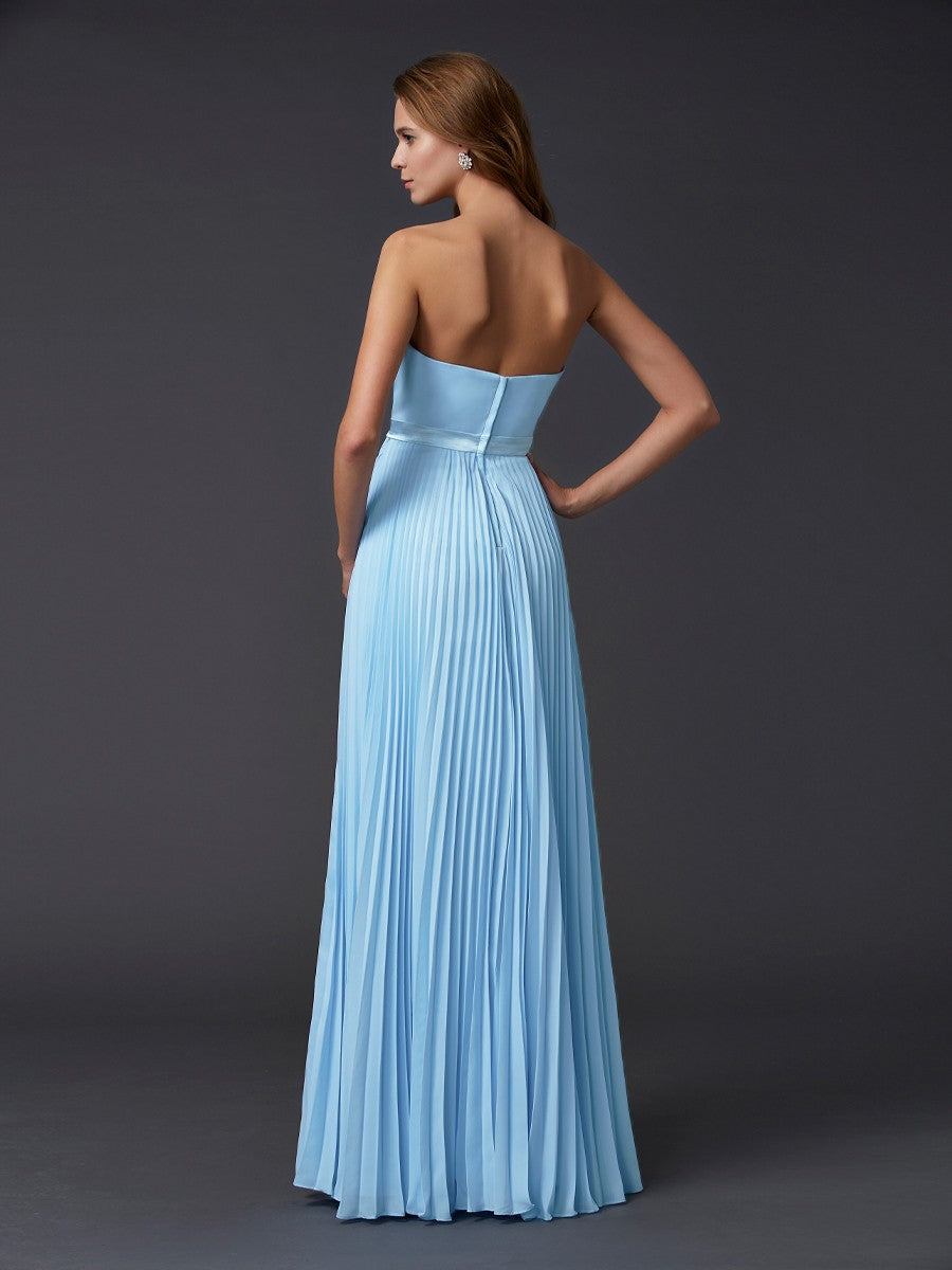 Vestido de noche de graduación de gasa largo fruncido sin mangas con corte A/princesa sin tirantes