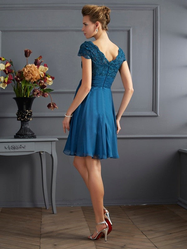 Vestido de dama de honor de gasa con encaje, corte princesa, mangas cortas, escote redondo, para invitada de boda