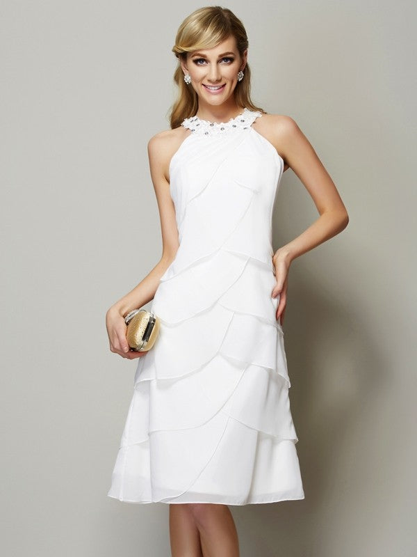 Vestido de dama de honor corto de gasa con escote barco, sin mangas y con cuentas, vestido de cóctel