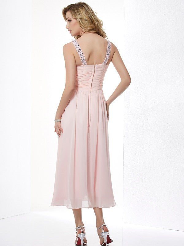 A-Line/Princess V-neck Sleeveless Pleats Short Chiffon Dresses Prom Wedding Guest Dress