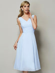 Vestido de dama de honor de gasa, corte A/princesa, escote en V, sin mangas, plisado, corto, para invitada de boda