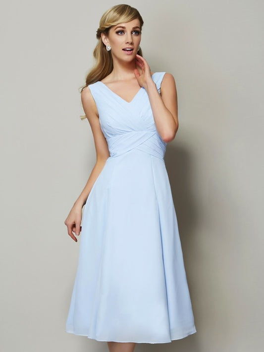 Vestido de dama de honor de gasa, corte A/princesa, escote en V, sin mangas, plisado, corto, para invitada de boda
