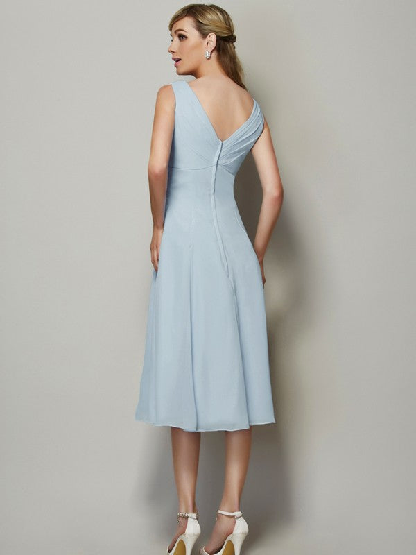 Vestido de dama de honor de gasa, corte A/princesa, escote en V, sin mangas, plisado, corto, para invitada de boda