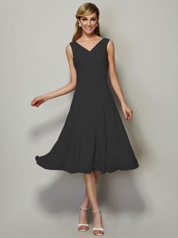 Vestido de dama de honor de gasa, corte A/princesa, escote en V, sin mangas, plisado, corto, para invitada de boda