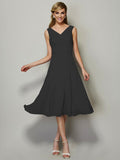 Vestido de dama de honor de gasa, corte A/princesa, escote en V, sin mangas, plisado, corto, para invitada de boda