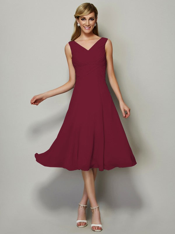 Vestido de dama de honor de gasa, corte A/princesa, escote en V, sin mangas, plisado, corto, para invitada de boda