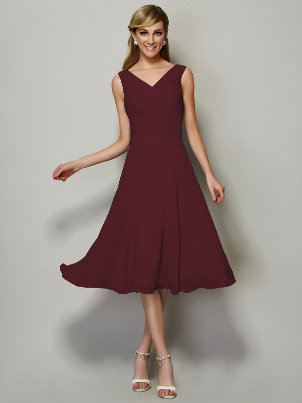 Vestido de dama de honor de gasa, corte A/princesa, escote en V, sin mangas, plisado, corto, para invitada de boda
