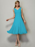 Vestido de dama de honor de gasa, corte A/princesa, escote en V, sin mangas, plisado, corto, para invitada de boda