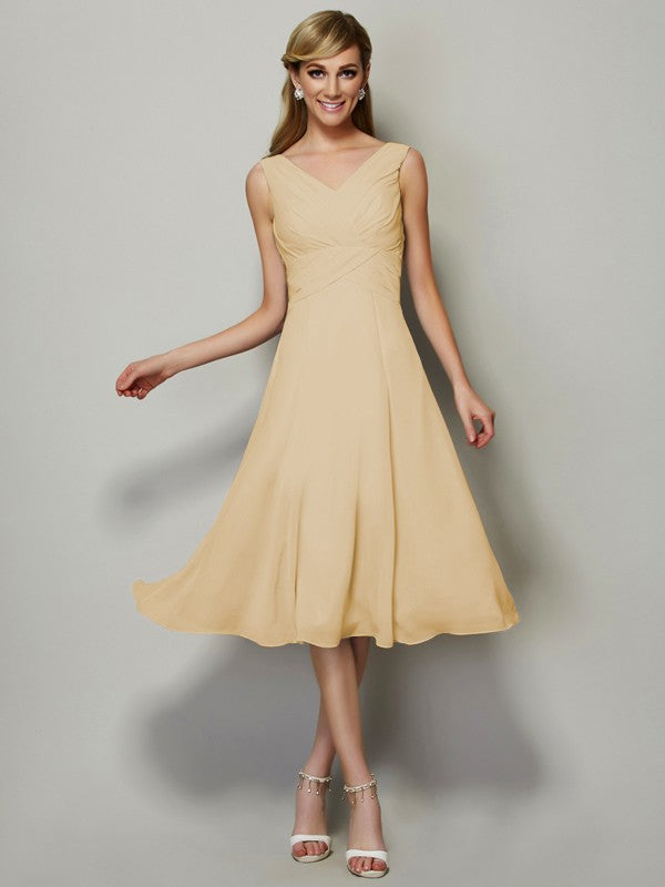 Vestido de dama de honor de gasa, corte A/princesa, escote en V, sin mangas, plisado, corto, para invitada de boda