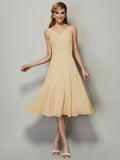Vestido de dama de honor de gasa, corte A/princesa, escote en V, sin mangas, plisado, corto, para invitada de boda