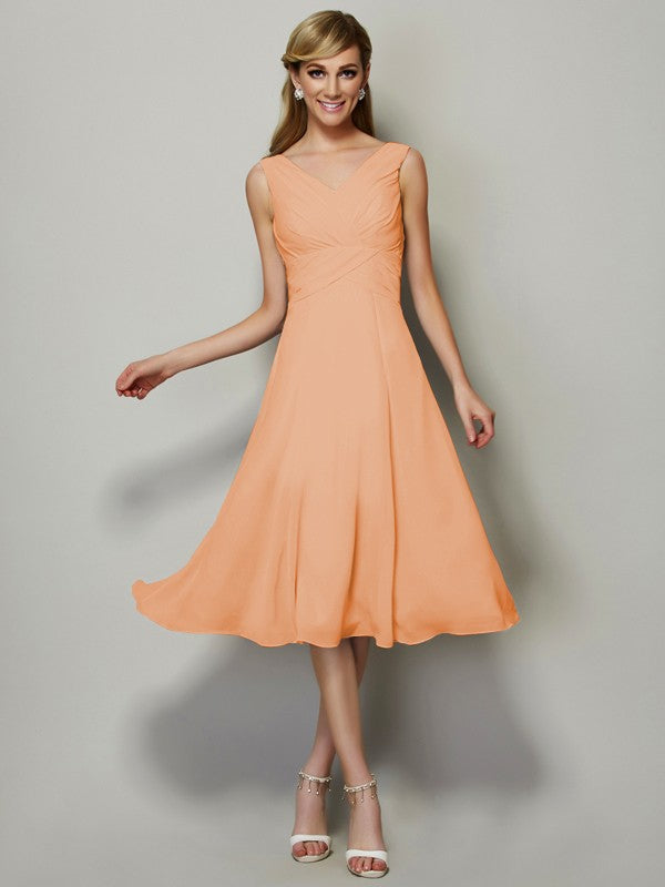 Vestido de dama de honor de gasa, corte A/princesa, escote en V, sin mangas, plisado, corto, para invitada de boda