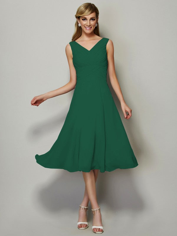 Vestido de dama de honor de gasa, corte A/princesa, escote en V, sin mangas, plisado, corto, para invitada de boda