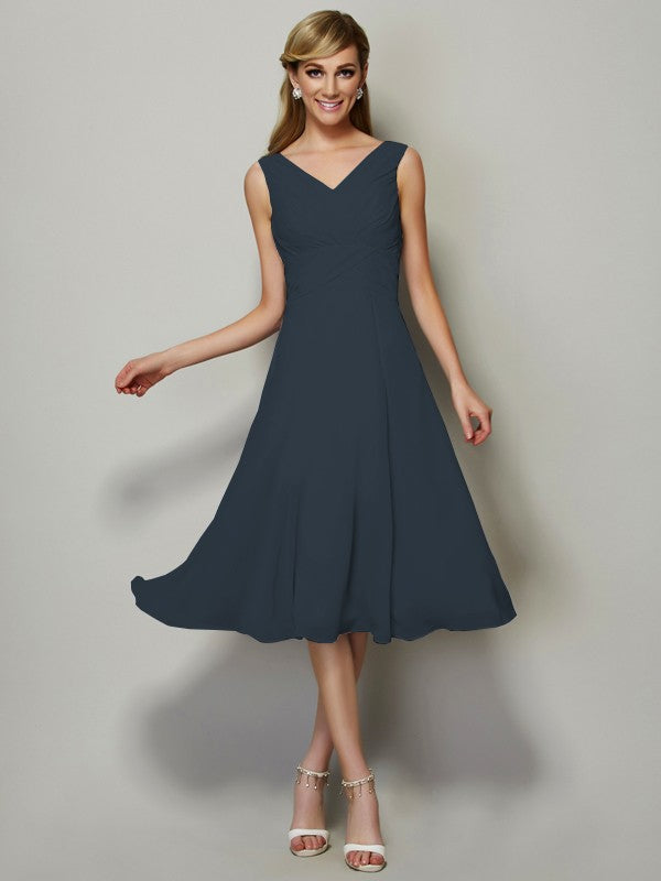 Vestido de dama de honor de gasa, corte A/princesa, escote en V, sin mangas, plisado, corto, para invitada de boda