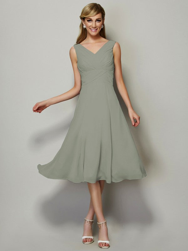 Vestido de dama de honor de gasa, corte A/princesa, escote en V, sin mangas, plisado, corto, para invitada de boda